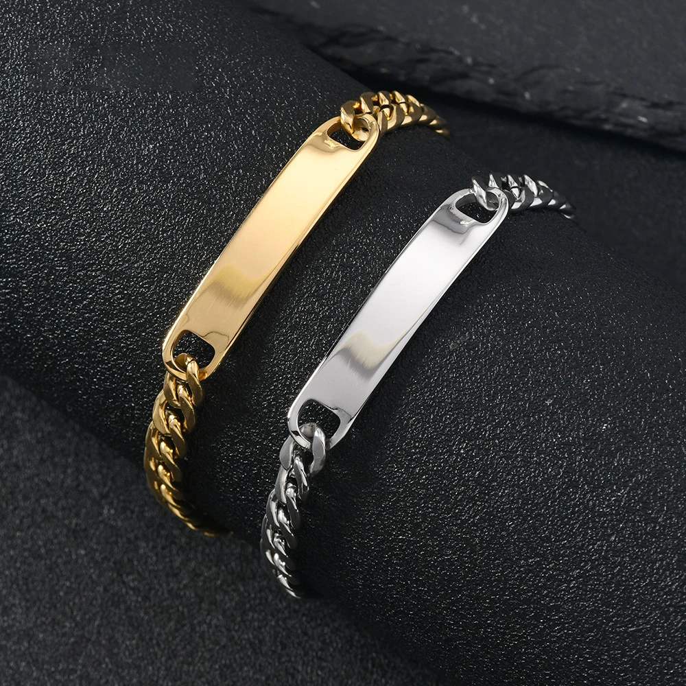 Duoying Gold Silver Customized Laser Engraved Bracelet  Stainless Steel Cuban Chain Curved Bracelet