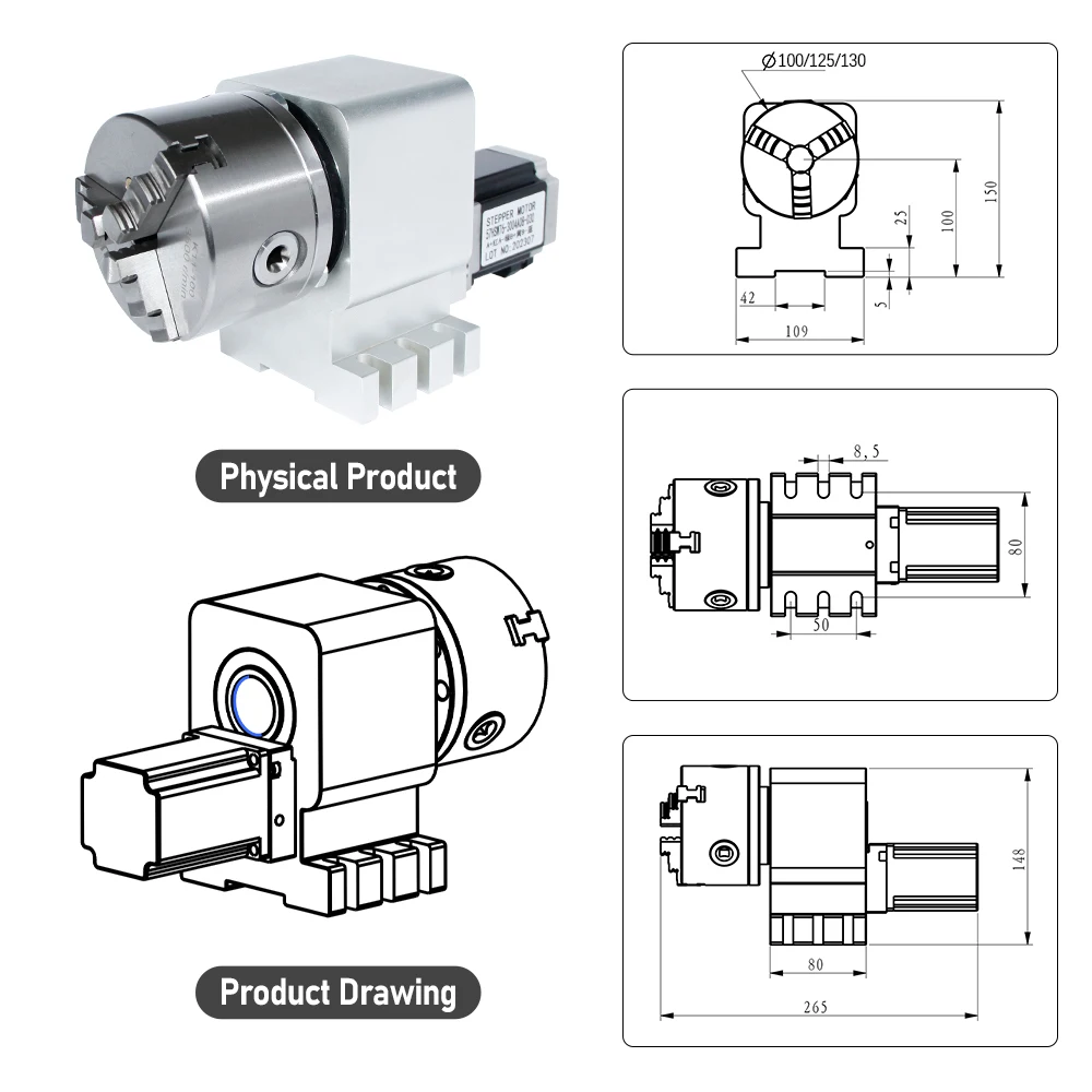 3 jaws Chuck 1:10 CNC 4 Axis Rotary K11-125 Chuck Rotary Axis 4th Axis CNC Rotary table For CNC Router Milling Machine