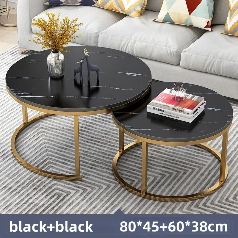 Golden Frame Round Wood Nesting Coffee Table Set of 2 for Living Room Bedroom Wood Coffee Tables with Sturdy Metal Frame