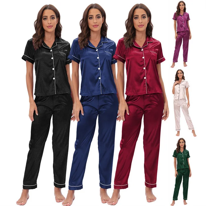 High Quality Summer Satin Short Sleeve And Long Pant Pajamas Set Sleepwear Outdoor Silk Pajamas  Sets For Women