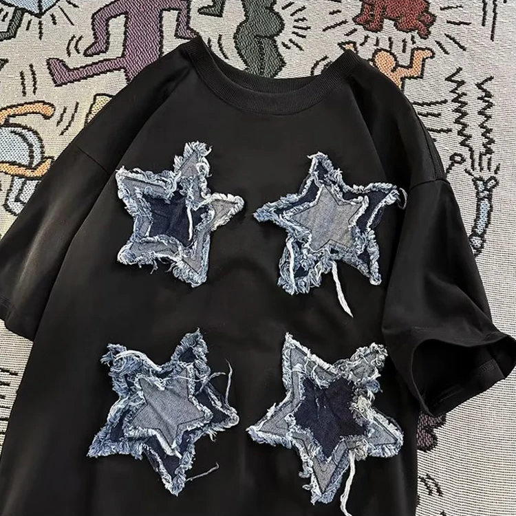 y2k custom clothing 100%Cotton High quality Oversized distressed embroidery tees costume logo distress patch acid washed t shirt