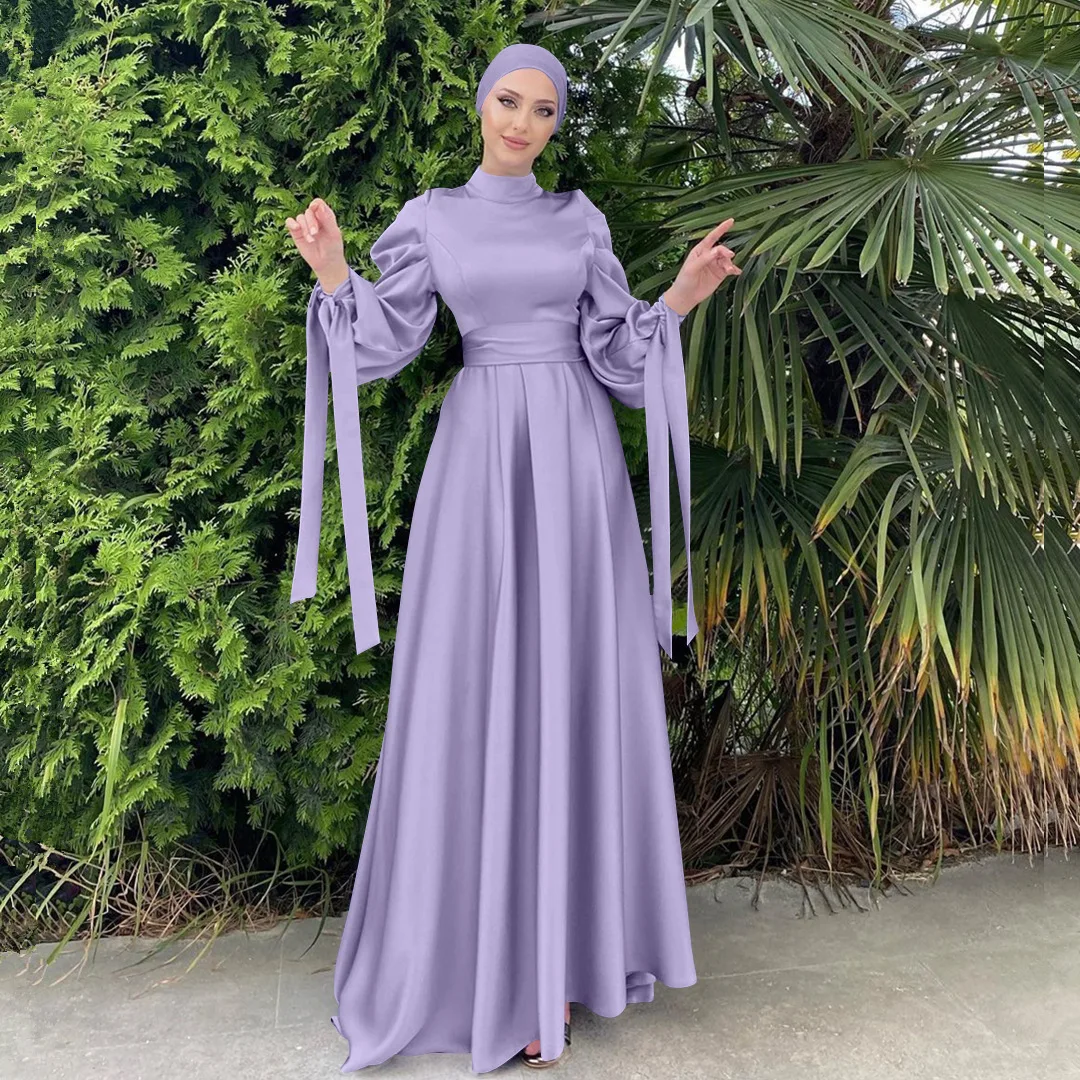 Solid Color Islamic clothing Ramadan Dubai Elegant Muslim Dress Satin Long Maxi Dress Evening Dress Gowns For Women