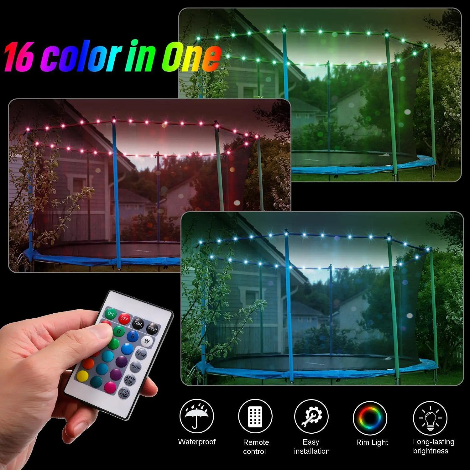 LED Trampoline Lights Remote Control Rim LED Light for Trampoline 16 Color Change by Yourself Waterproof Super Bright