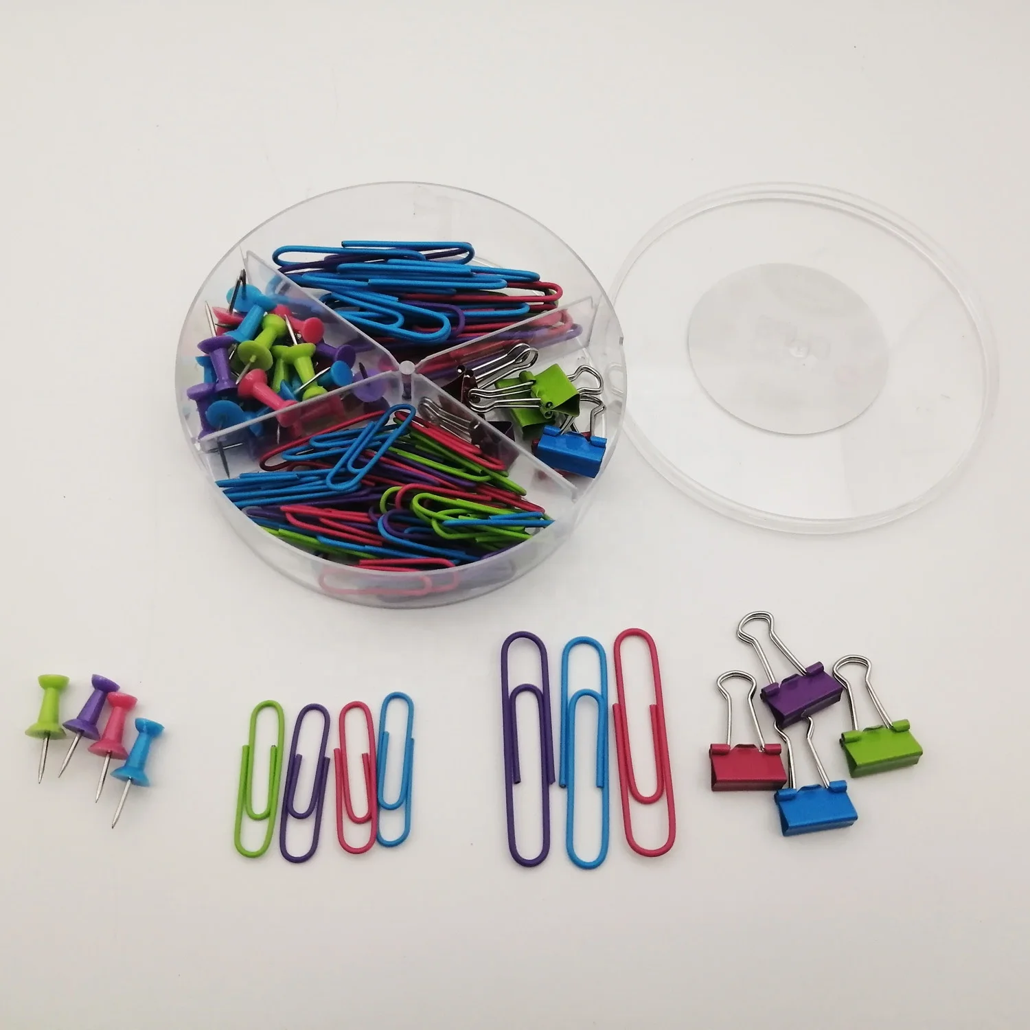 Wholesale transparent box packing office desk paper clip set supplies push pins set school stationery paper binder