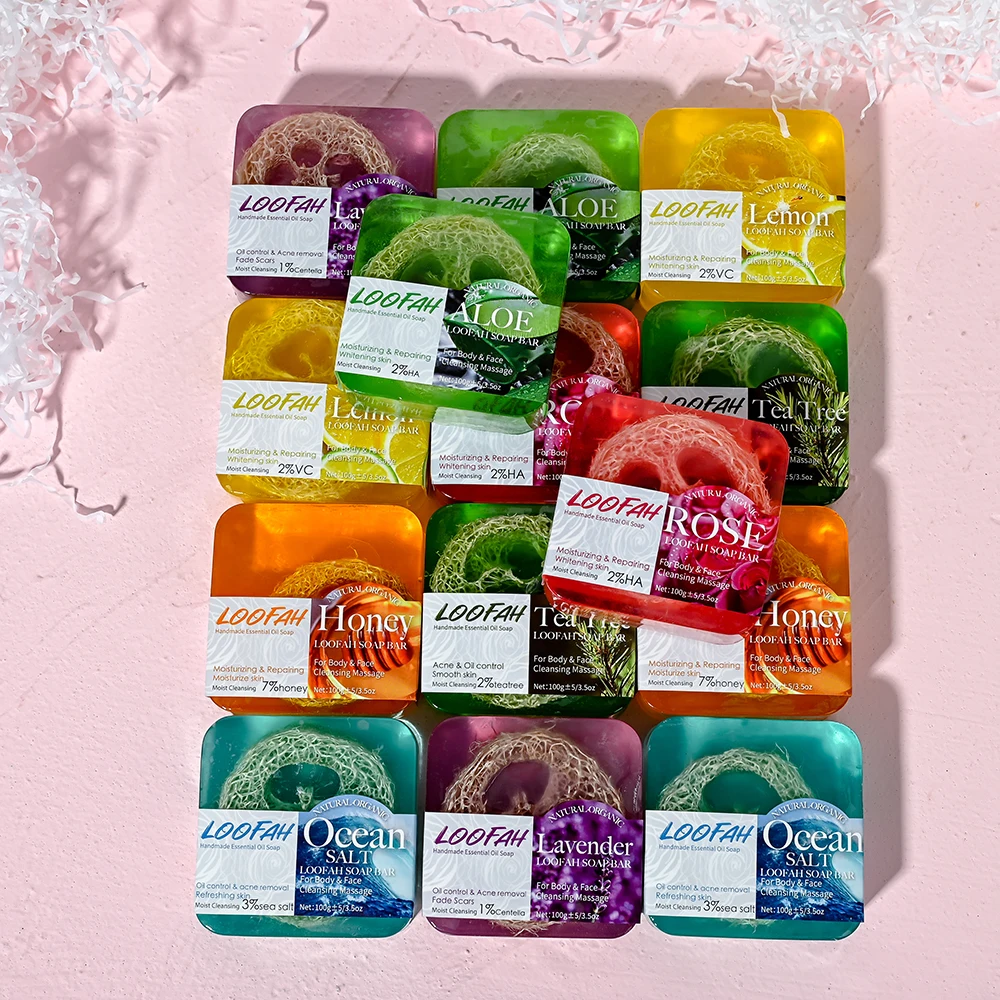 Customized Facial Loofah Soap Acne Treatment Tea Tree Lemon Rose Honey Whitening Handmade Eco-friendly Sponge Honey Loofah Soap