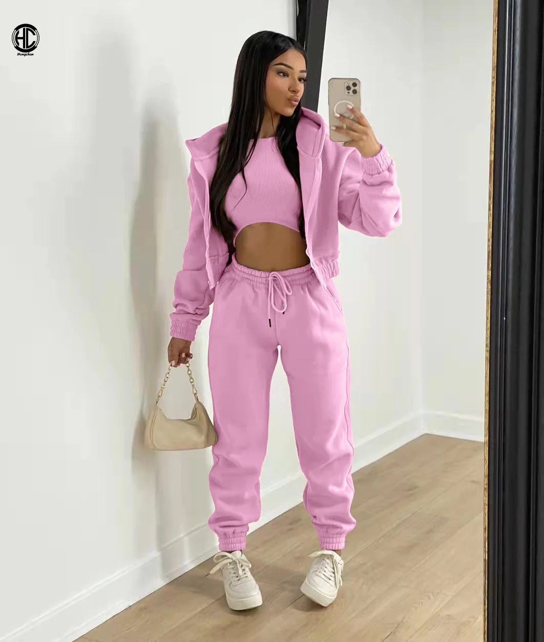 2022 Top Sale Custom Logo Thick Hooded Sweatsuit Solid Tracksuit Thread Vest With Hoodie Jacket 3 Piece Jogging Sets