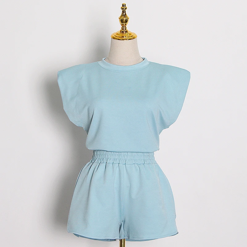 CHICEVER Элегантный женский комплект из двух предметов футболка без рукавов с круглым вырезом топ с высокой талией облегающие шорты Повседневный костюм модная одежда