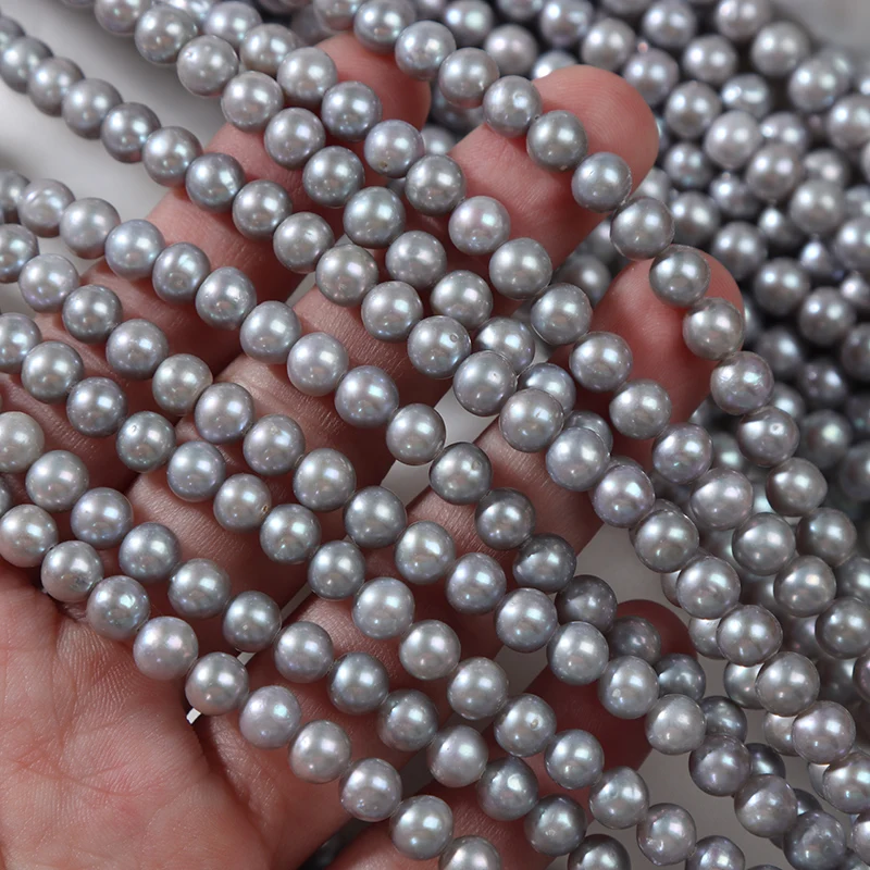 Hot Selling 5-6mm Natural Freshwater Pearl Nucleated Gray Near Round Beads Cultured Pearls Akoya
