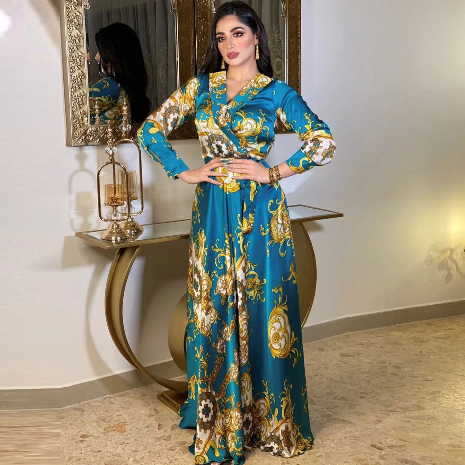 Middle East Abaya Women Muslim Dress Elegant Floral Printing Evening Dresses Long Sleeves Maxi Dress Ladies Abaya Dubai