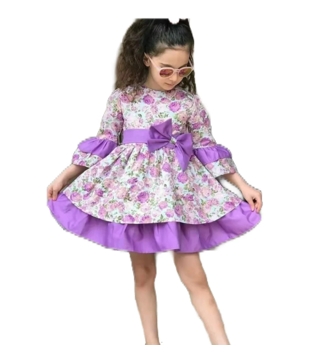 2022 Sweet Fancy 10 year old girl customize dress Birthday Party Floral Midi flowers Layers O-neck Long Sleeve baby Dress