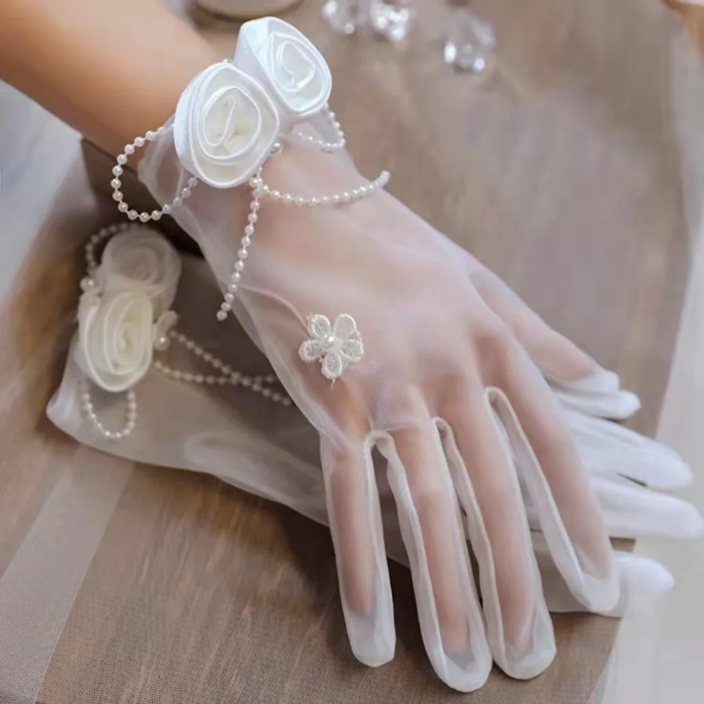 New  French large ROSE flower bridal soft yarn gloves wedding gloves pearl gloves