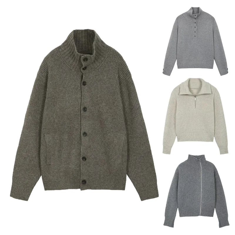 Custom Fashion Women Plain Casual Thick Warm Zipper Loose Jacket Coats Knitting Cardigan Knitted Long Sleeve Sweater For Women