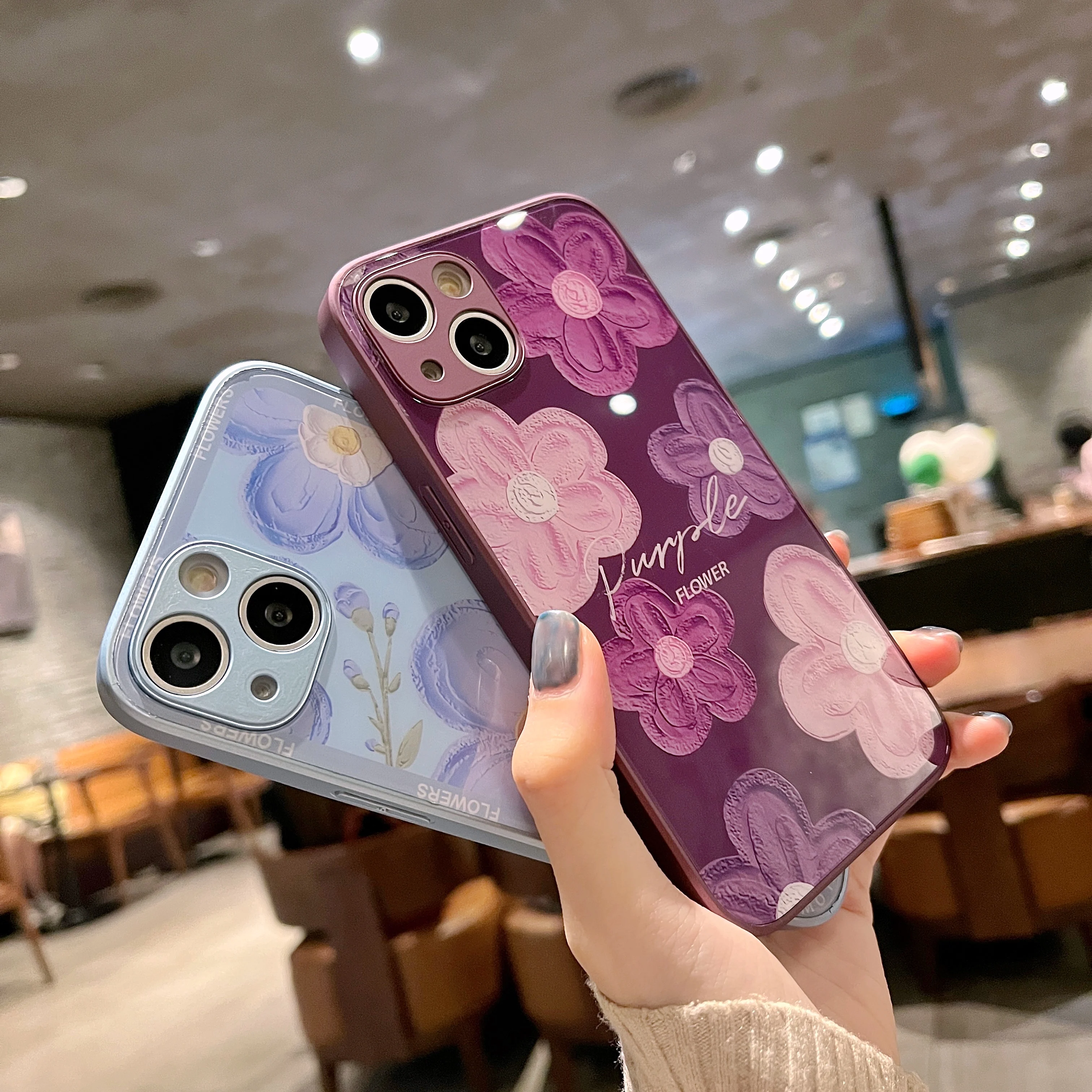 Dropshipping Oil Art Flower Tempered Glass Cell Phone Case For iPhone 14 Pro Max 13 11 12 X XS XR 6 7 8 Plus Shockproof Cover