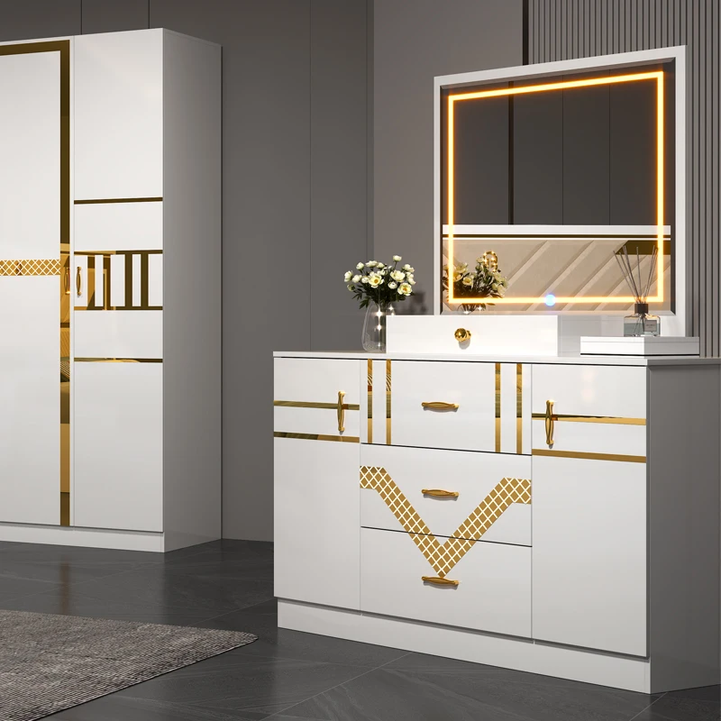 2024 New Design Wooden Double Leather Bed Room Suite Modern Luxury Full Set Cheap 5 Piece Mdf Home Furniture Bedroom Sets