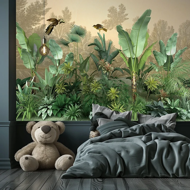 Rainforest self-adhesive wallpaper forest plants wall paper green background wall mural peel and stick wall fabric