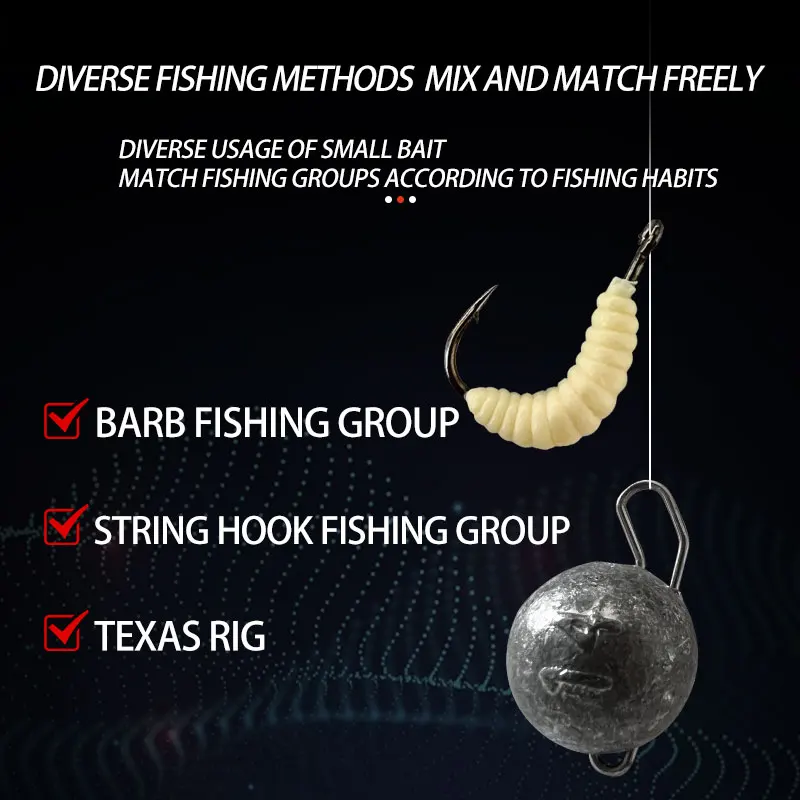 50PCS 2cm 0.3g maggot Grub Soft Fishing Lure hooks smell Worms Glow Shrimps Fish Lures