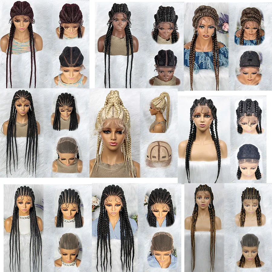 Wholesale Full Double Lace Front Square Knotless Box Braid Wig,Lightweight Synthetic Ombre Light Brown Hand Braided Wigs