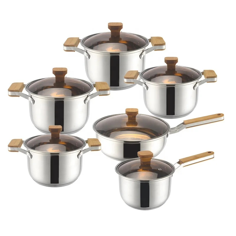 New Arrivals Luxury 12 Pcs Non Stick Stainless Steel Cookware Set With Wooden Handle