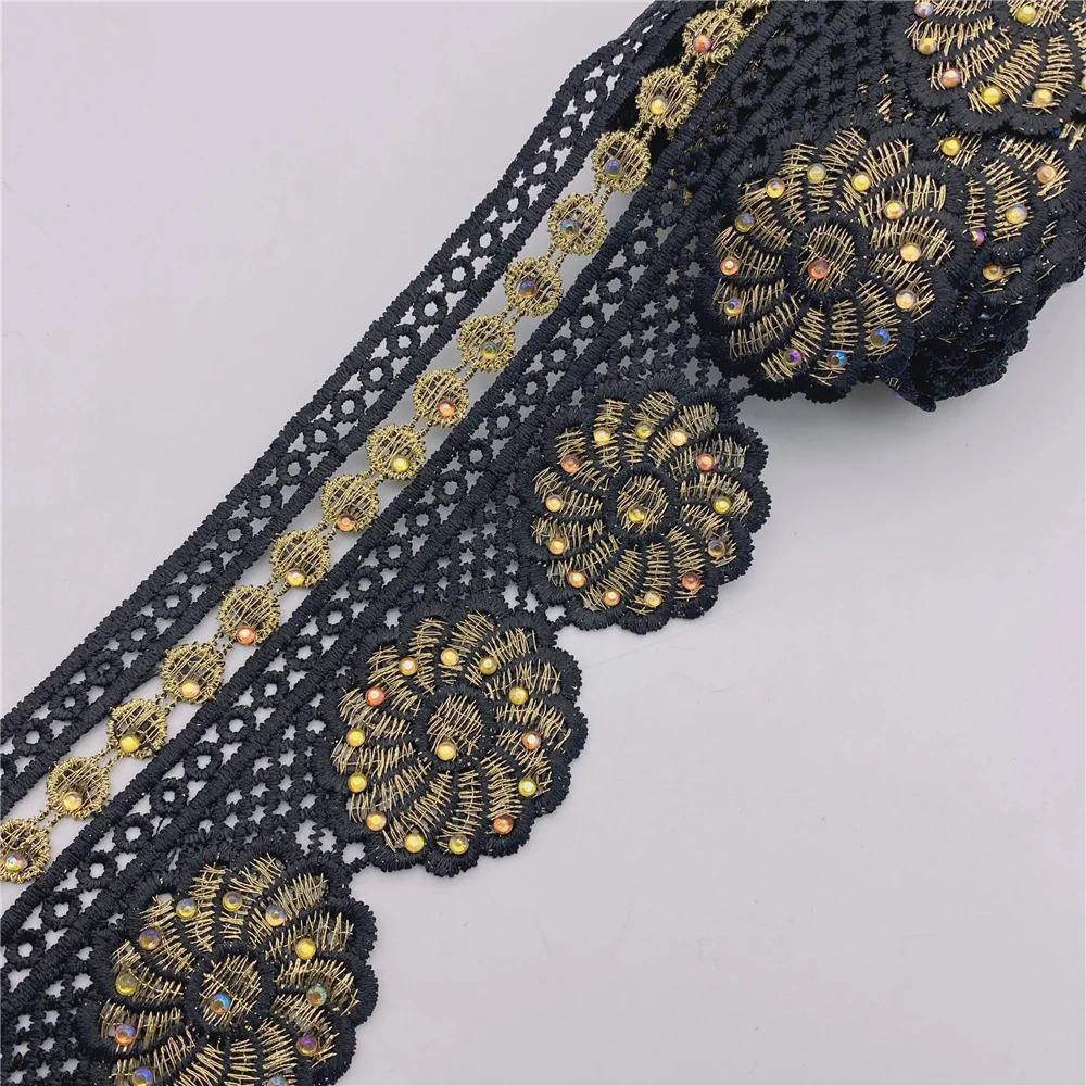 Beaded Sequin Rhinestones Floral Embroidered Lace Fabric Ribbon Trim Crochet Guipure Applique Motif for Wedding Dress