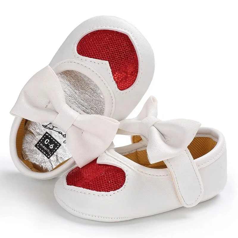White Glitter Heart Kids Girls Mary Janes Newborn Baby Shoes with bow
