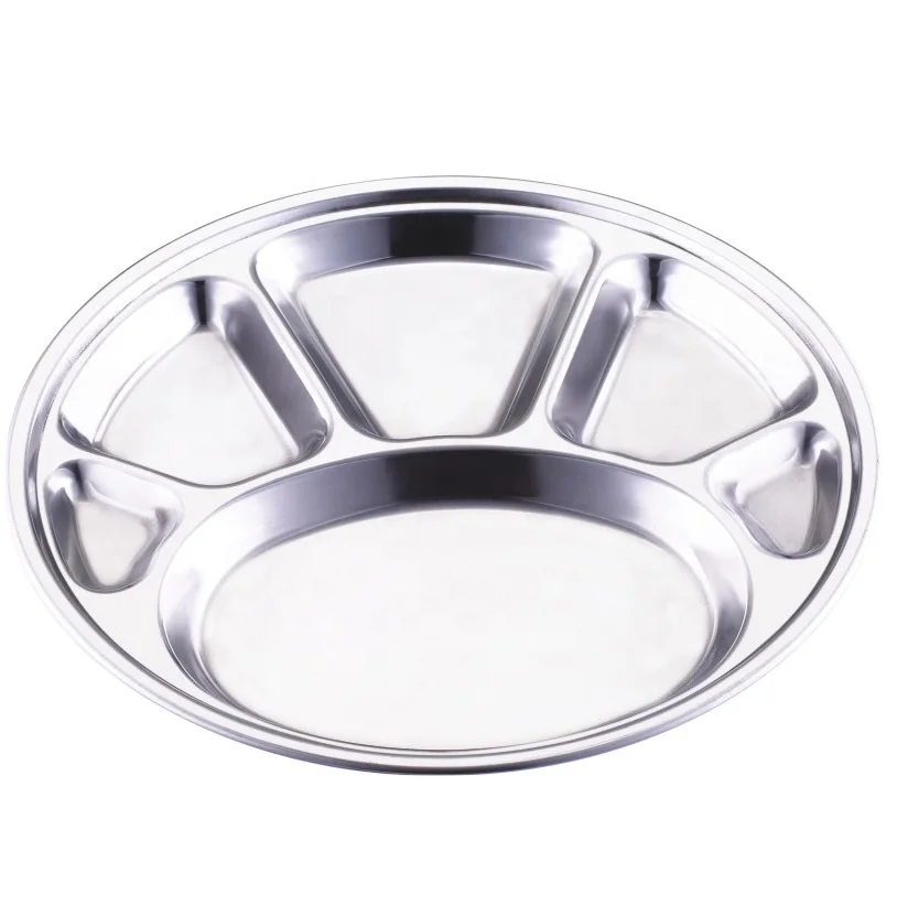 3 Sectional Lunch Box Plate Tray Stainless Steel Round Compartment Dinner Divided Plate With Cover