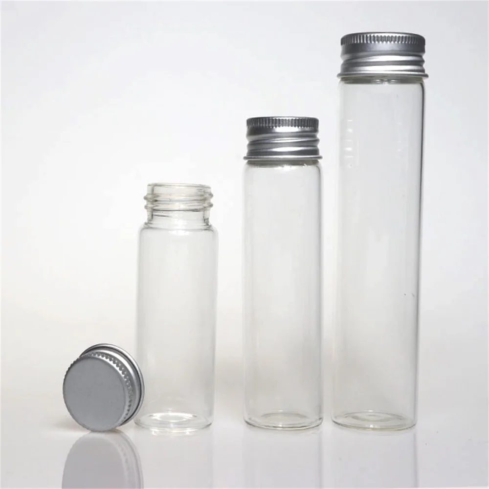 Factory Wholesale Small Transparent Glass Tube Herbs Bottle Round Glass Vials Storage Container With Aluminum Screw Lid