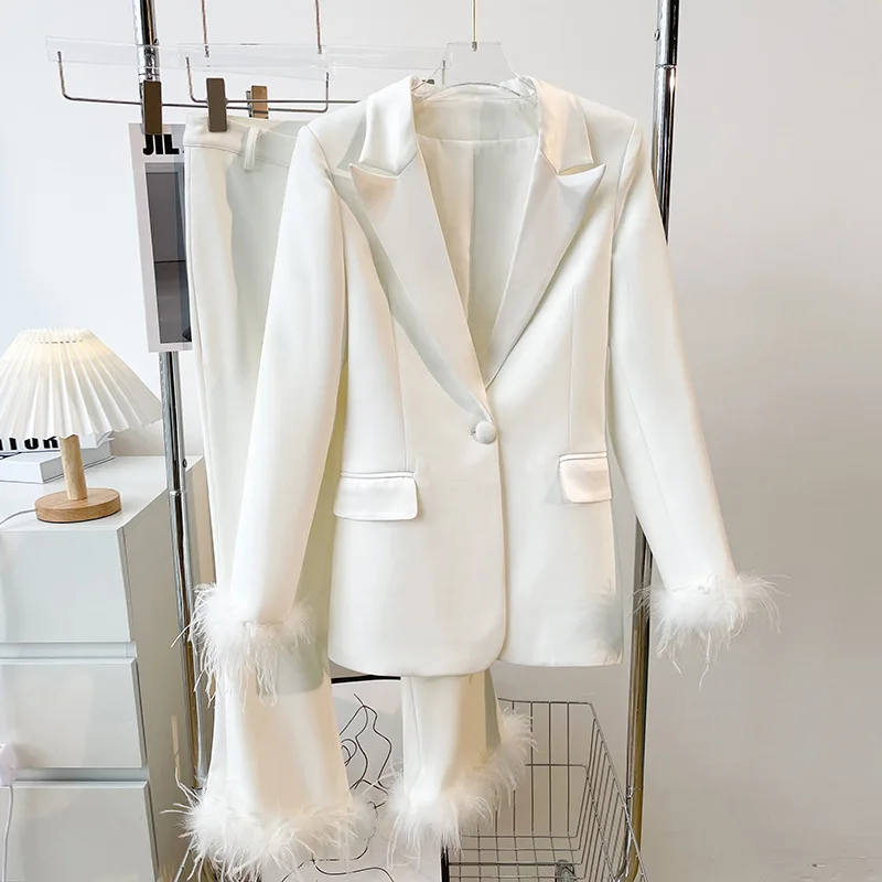 Luxury Fancy Clothing Women White Color Long Sleeve Blazer With Feathers Party Wear Two Piece Outfit Set