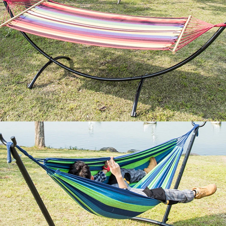 Портативный холщовый гамак для кемпинга на 2 человек, подвесная качели из ткани в полоску, устойчивая деревянная палочка, для использования на открытом воздухе