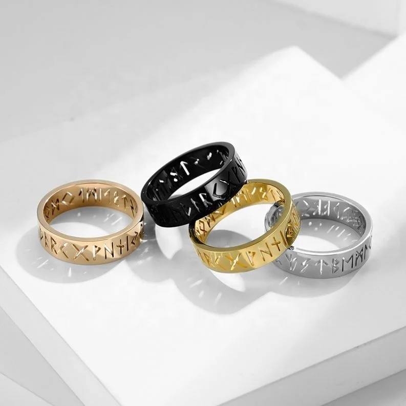 Couple Fashion Jewelry Celtic Viking Rune Letter Hollow Out Wedding Band Engagement Stainless Steel Ring Men Women
