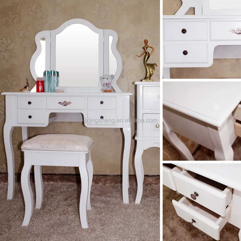 White Dressing Table Tri-fold Mirrored Makeup Vanities for Girls
