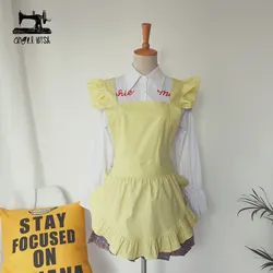 factory price promotional custom logo cotton and linen soft hand feeling apron with ruffle white ruffle apron