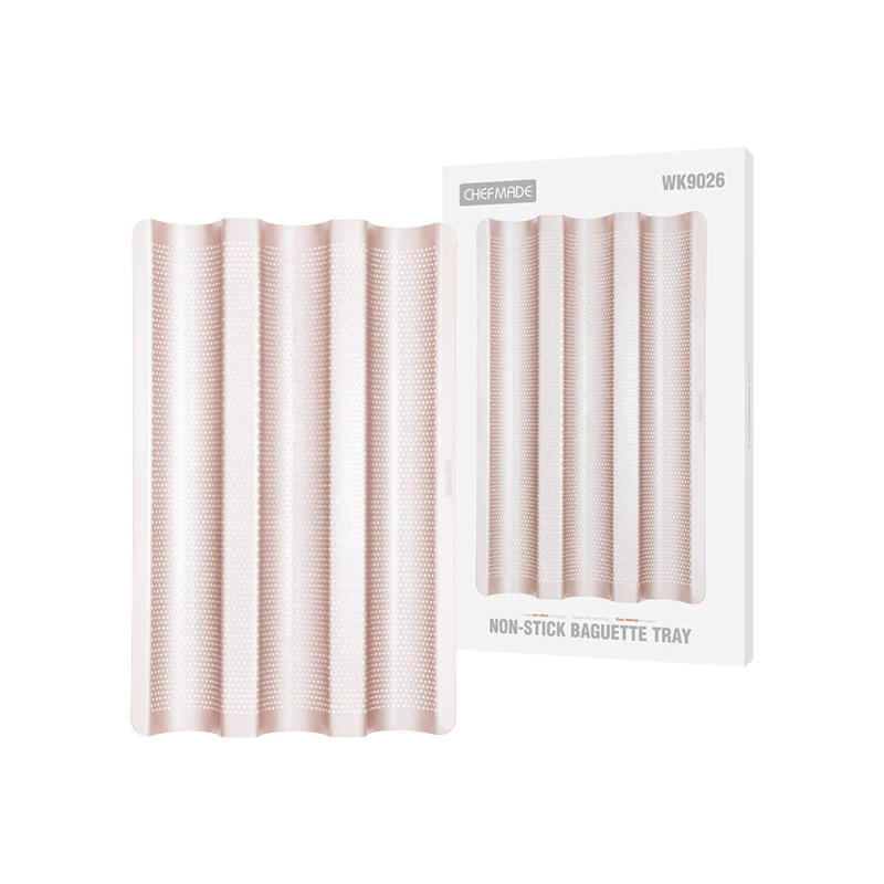 CHEFMADE WK9026 Champagne Gold 15Inch 3 Wave Loaves Non-Stick Ultra-Ventilate French Oven Baking Bread Perforated Baguette Pan