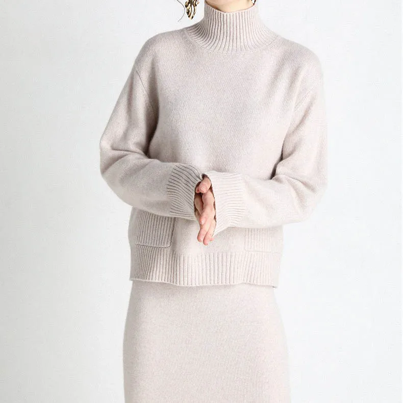 2023 Custom LOGO OEM ODM cashmere knit dress turtleneck fashion cashmere set womens knitwear cashmere sweater dress suits