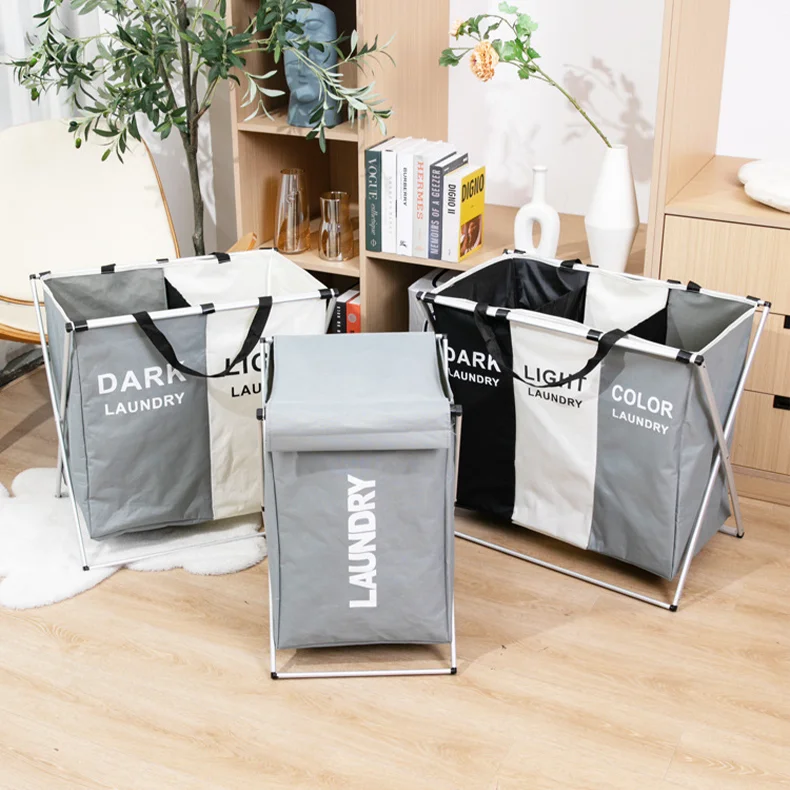 Wholesales Custom Logo 3 Section Compartments Laundry Organization Storage Foldable Dirty Clothes Laundry Basket Hamper