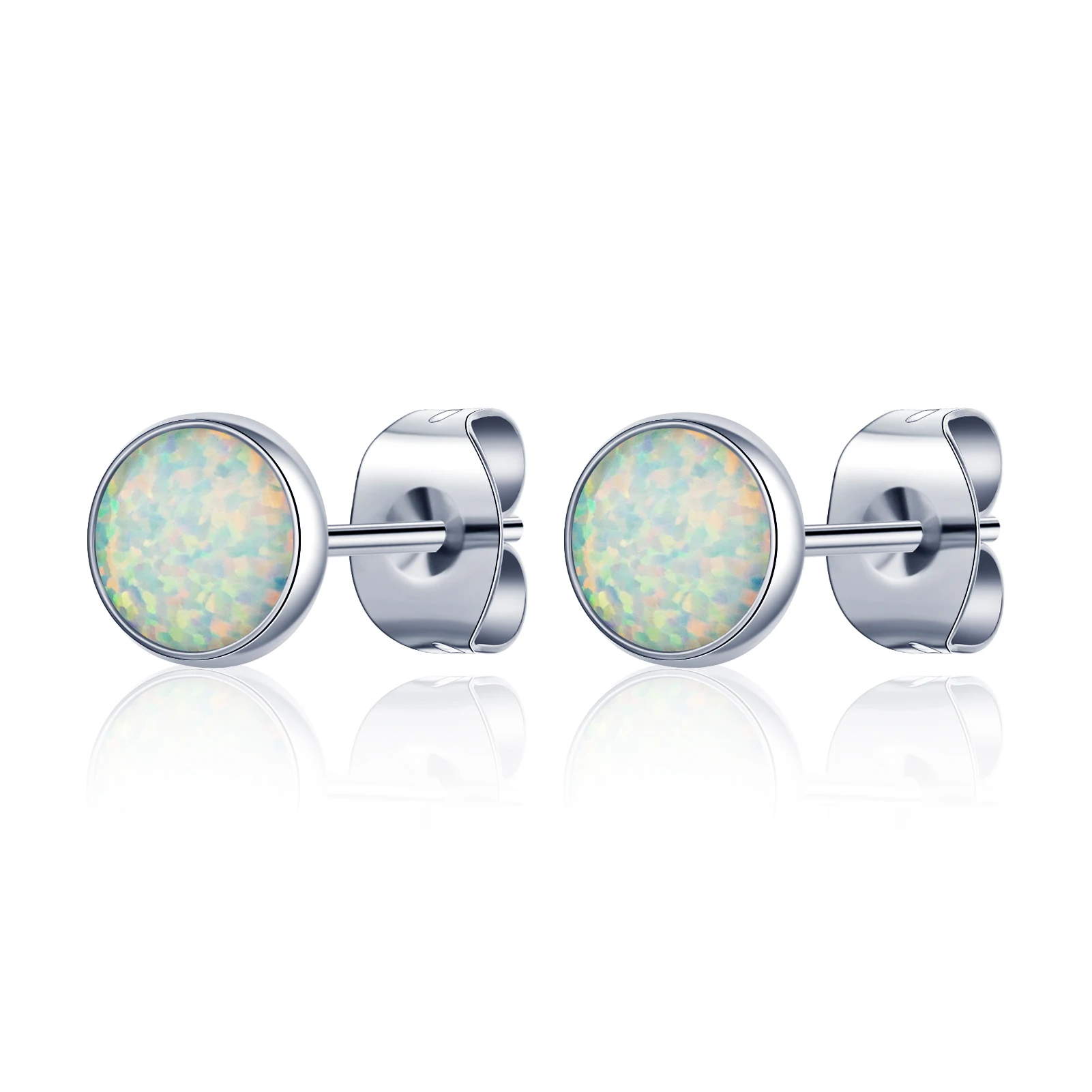 New Trendy Round Colorful Opal Stone F136 Titanium Stud Earrings For Women Anti-Allergy Titanium Body Jewelry