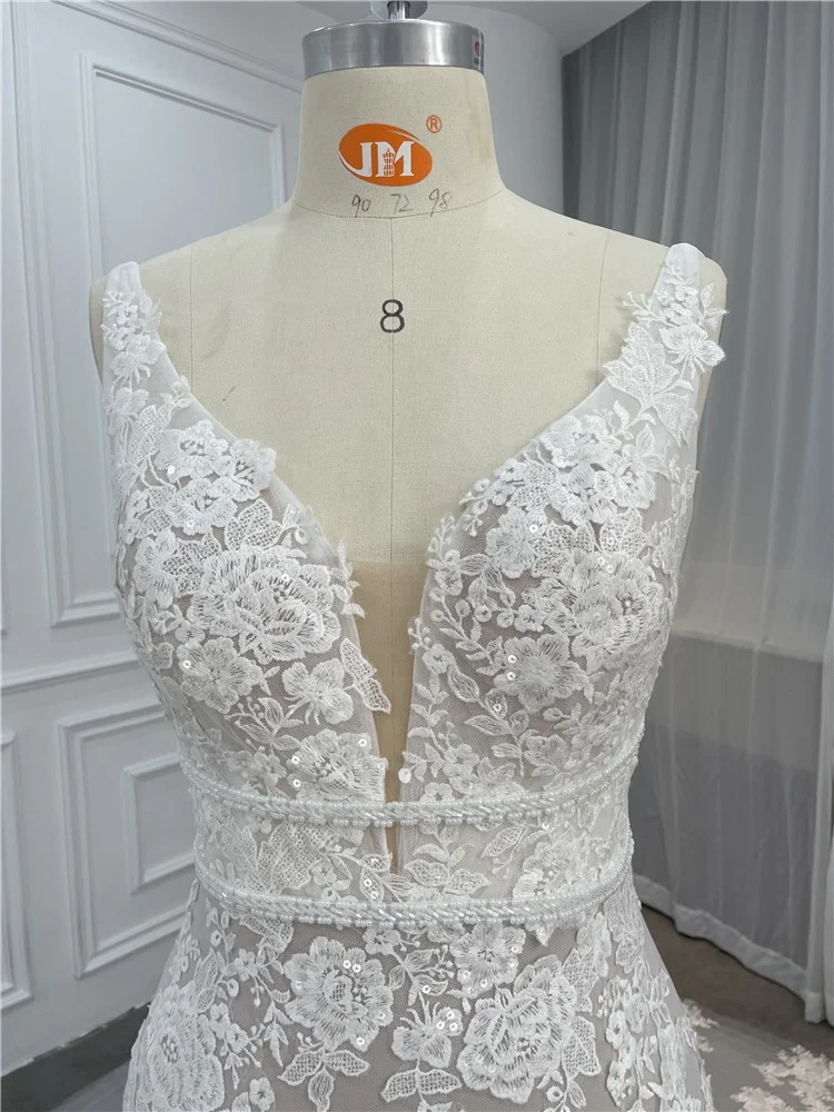 Women Mermaid Sleeveless Sequins Lace Champagne Detachable Belt Wedding Dress