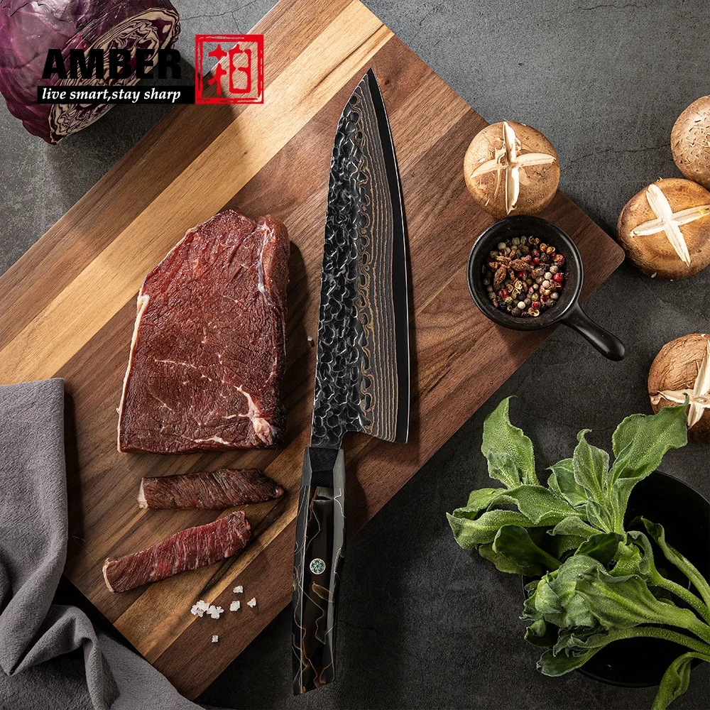 Amber Epoxy Resin Handle VG10 Black Copper Japanese Damascus Steel Chef Knife of Custom Logo