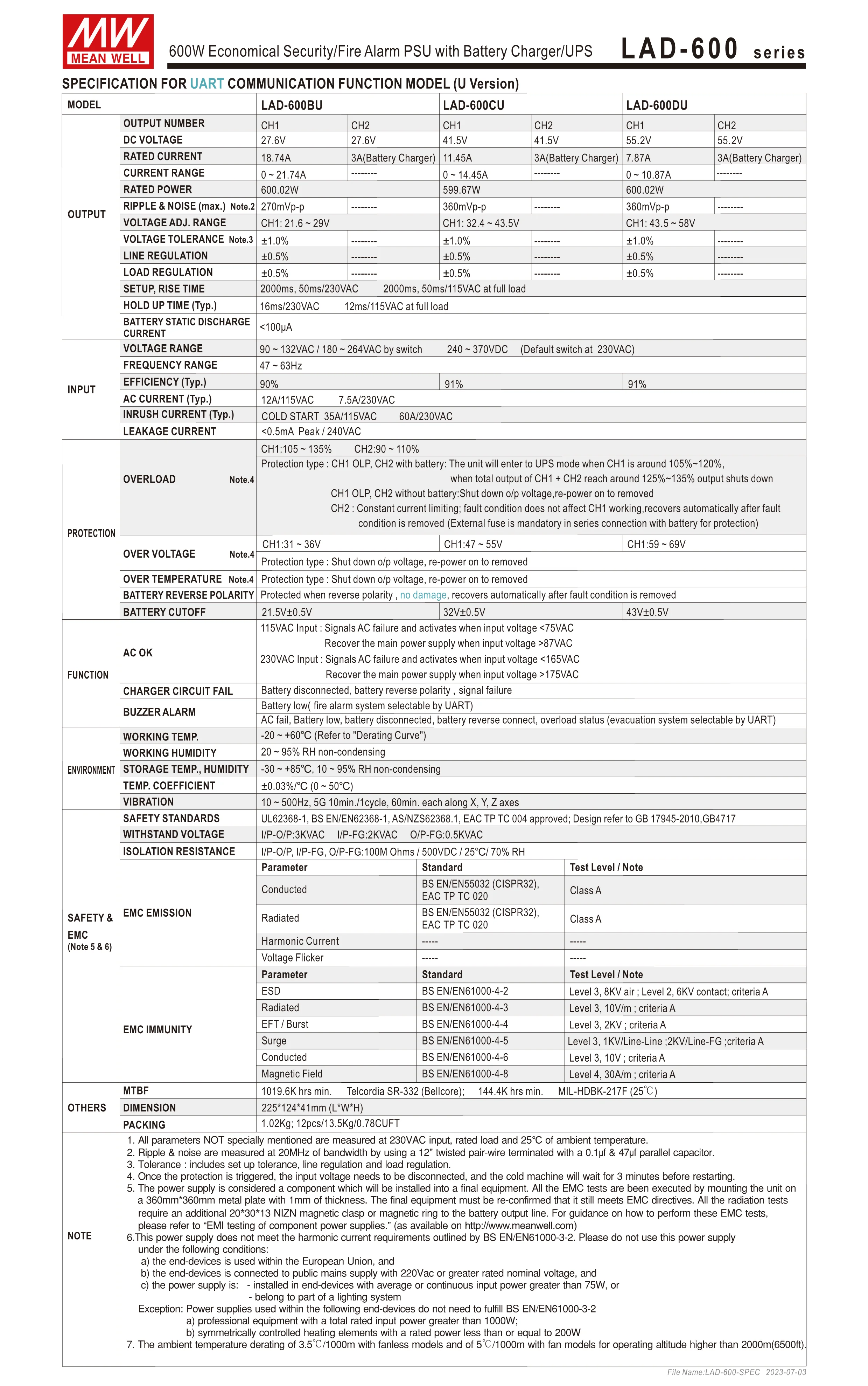 Mean Well LAD-600 series switching power supply Meanwell 600W Economical Security/Fire Alarm PSU with Battery Charger/UPS