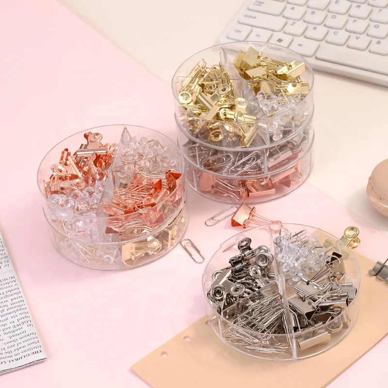 72Pcs Binder Clips Push Pins Paper Clips 4 Styles Office Supplies Set with Box for School Rose Gold