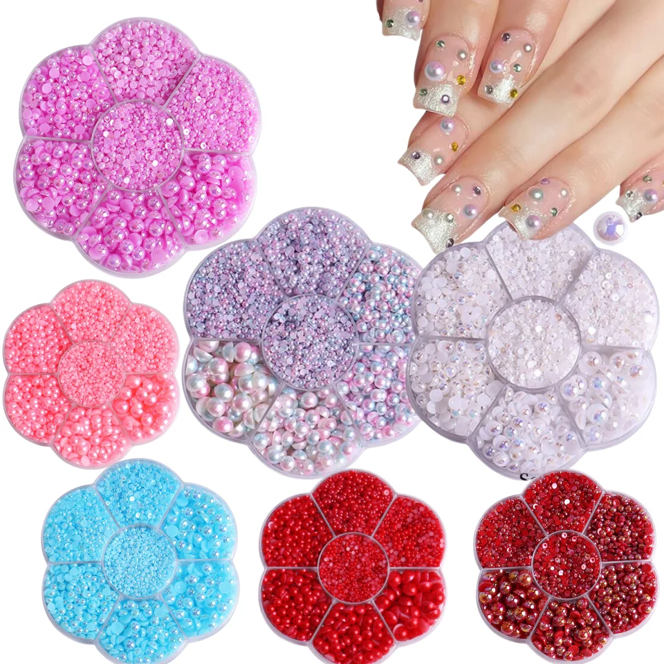 Hot sale 7 grid pearl nail decoration DIY mixed size 5600 pieces/box half round pearl nail art 3d nail charm decoration