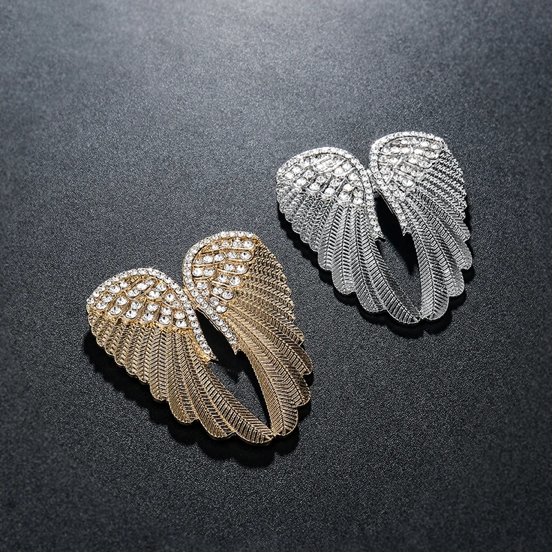 New Arrival Gold or Silver Plated Rhinestones Pave Large Size Archangel Angel Wing Brooch Pins
