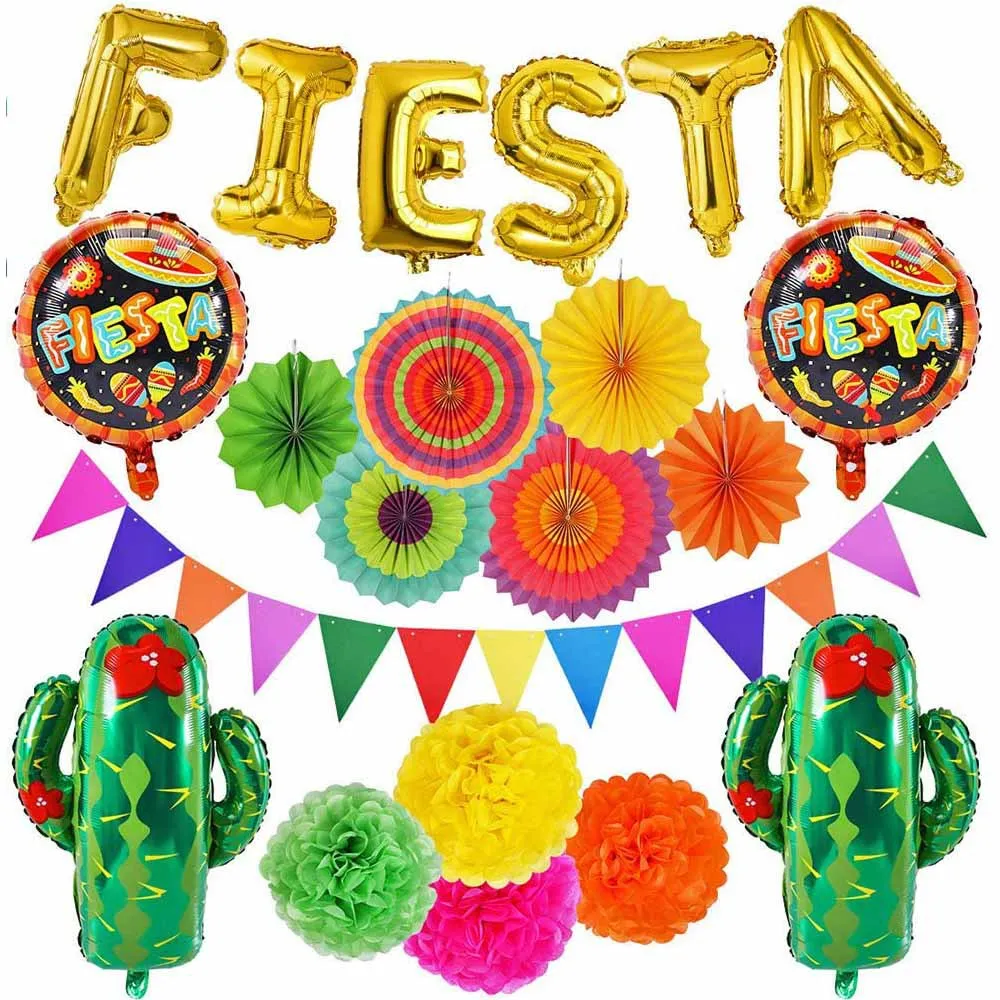 
21 PCS Fiesta Party Decoration Mexican Party Decoration Fiestas Cactus Balloons Paper Fan Pompoms vestidos de fiesta 
