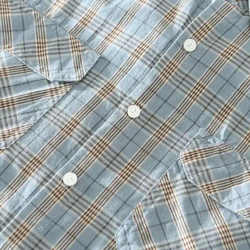 Kafany Garment Classic Plaid Shirt for Men Summer Casual Loose Lapel Pocket Cotton Linen Short-Sleeved Youth Male Clothes