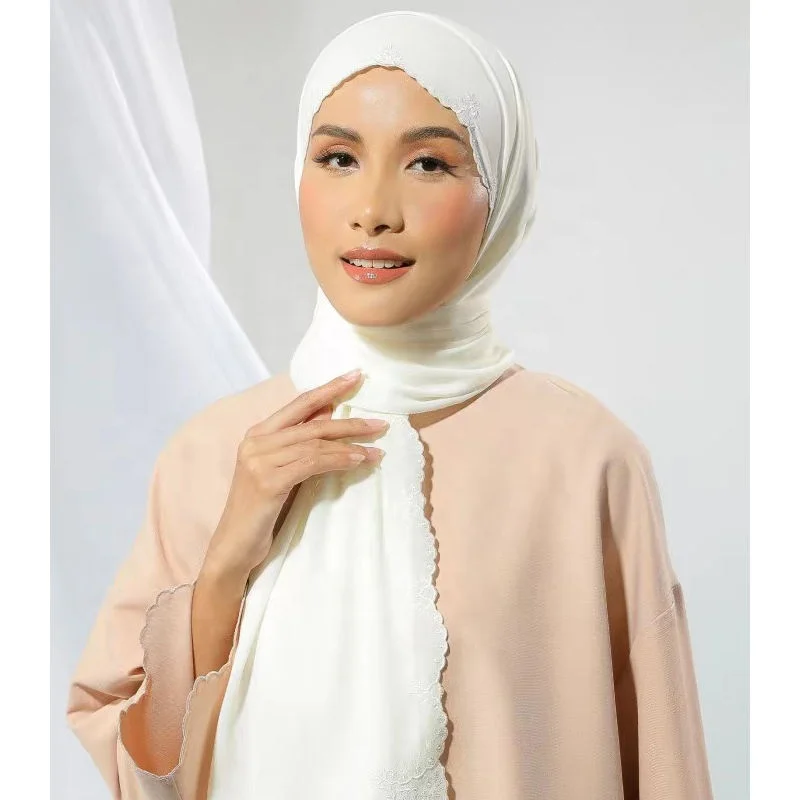 Custom  Premium  chiffon Embroidered Edge For Women Hijab Shawls Malaysian  Scarves Chiffon Sulam shawl