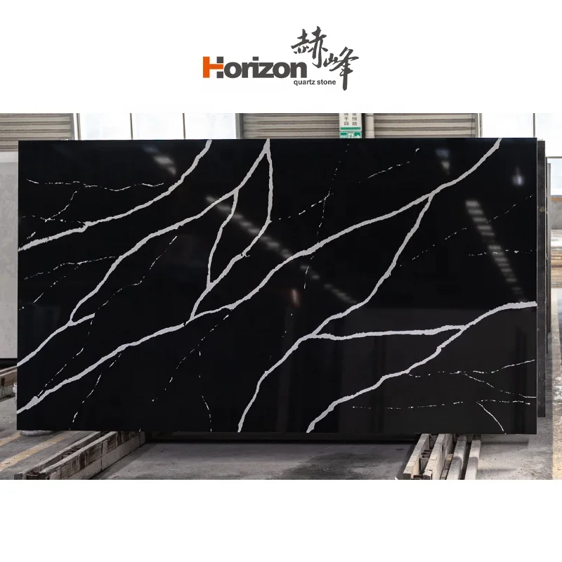 Недорогая китайская мраморная плита из искусственного камня Horizon полированный камень столешница Черного Кварца