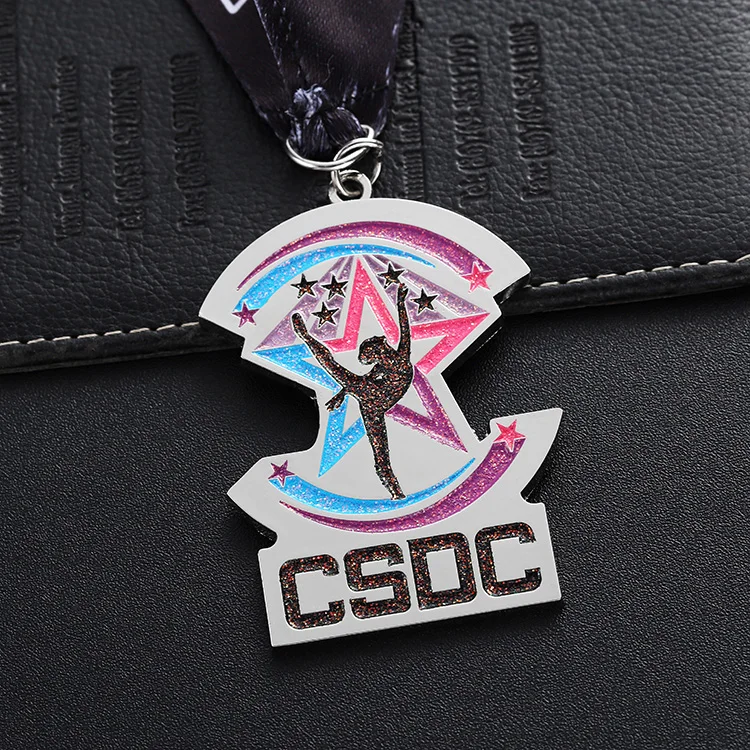 Manufacturers personalized soft enamel zinc alloy powders designs glitter effect dance competition silver medal