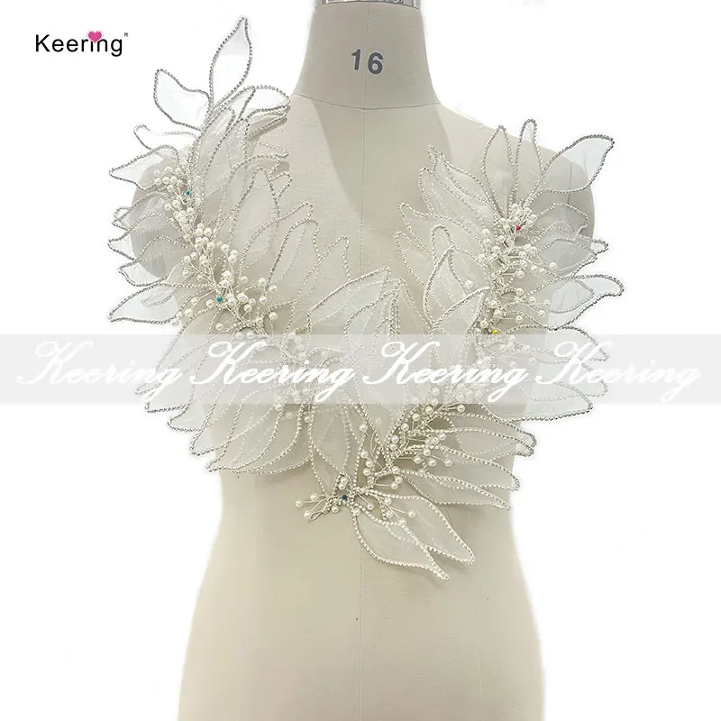 WHD-129 Longer Organza Cut Petal With Rhinestone 3D Handmade Petal Flower Appliques With Pearl Center For Diy Sewing Appliques