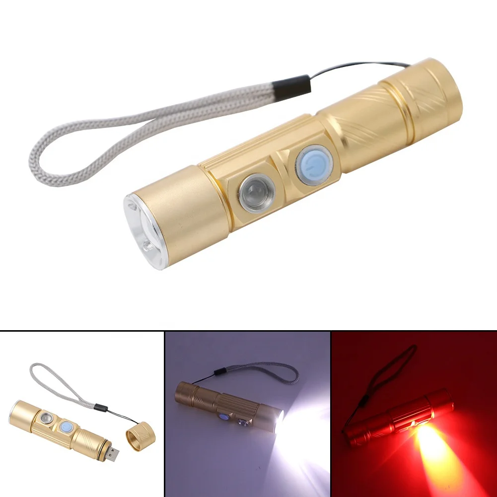 USB Handy Powerful LED Zoomable Flashlight 5 Modes Rechargeable Torch Flash Light Bike Pocket Lamp For Hunting White/Red Light