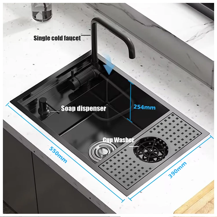 Modern Outdoor Nano Black RV Bar Sink 304 Stainless Steel Hidden Multifunction Smart Single Bowl Portable Camping Sink