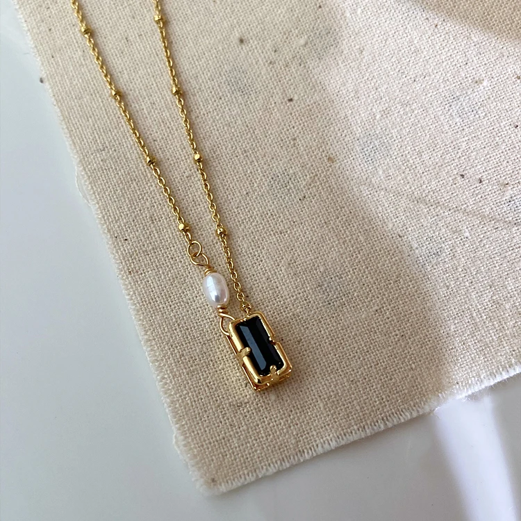 Rectangle Black Cubic Zircon Natural Freshwater Pearl Necklace Beads Chain Pendant Necklaces Women INS French Vintage Jewelry